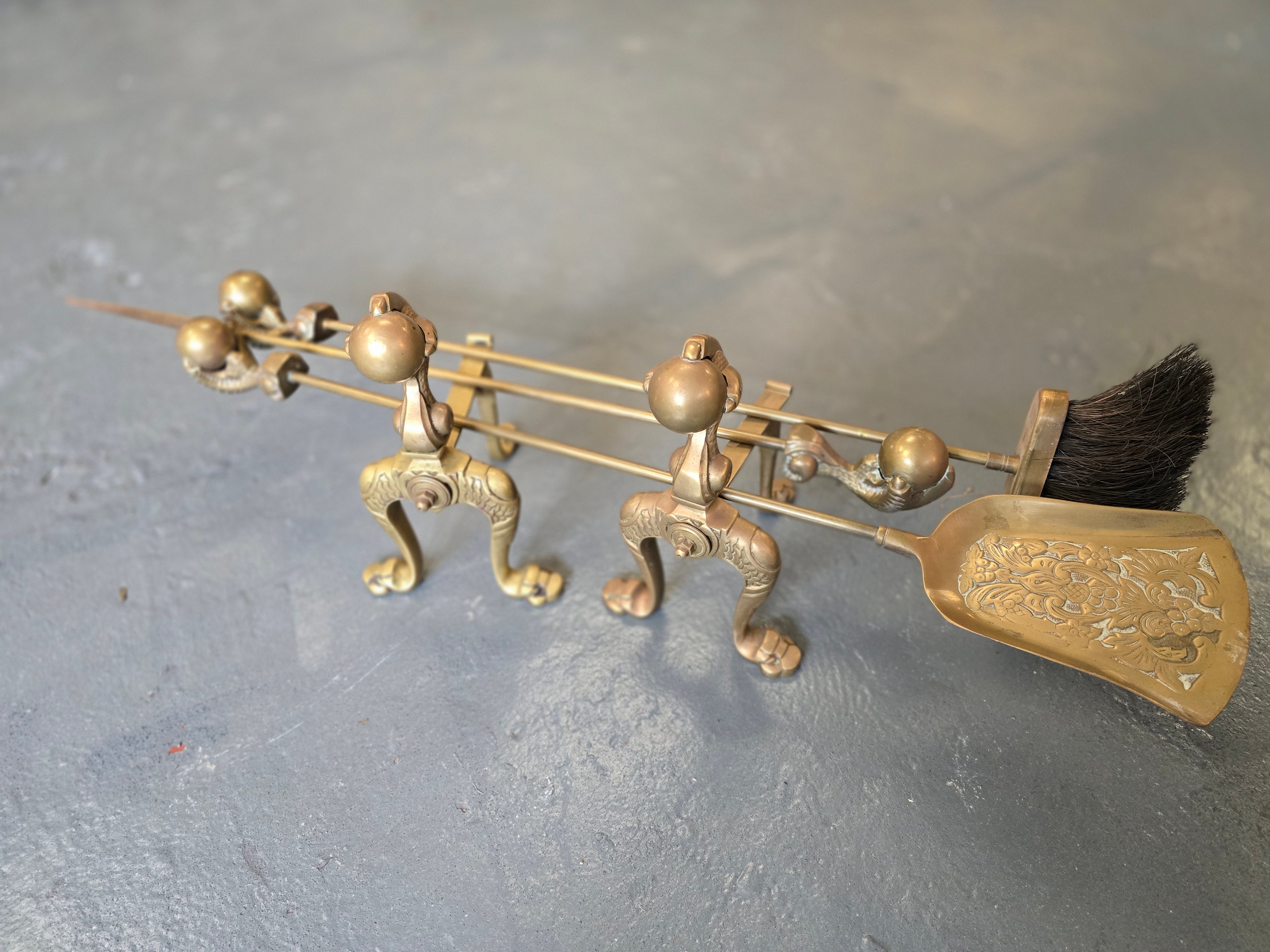 Antique Gothic Style Brass Fireside Set