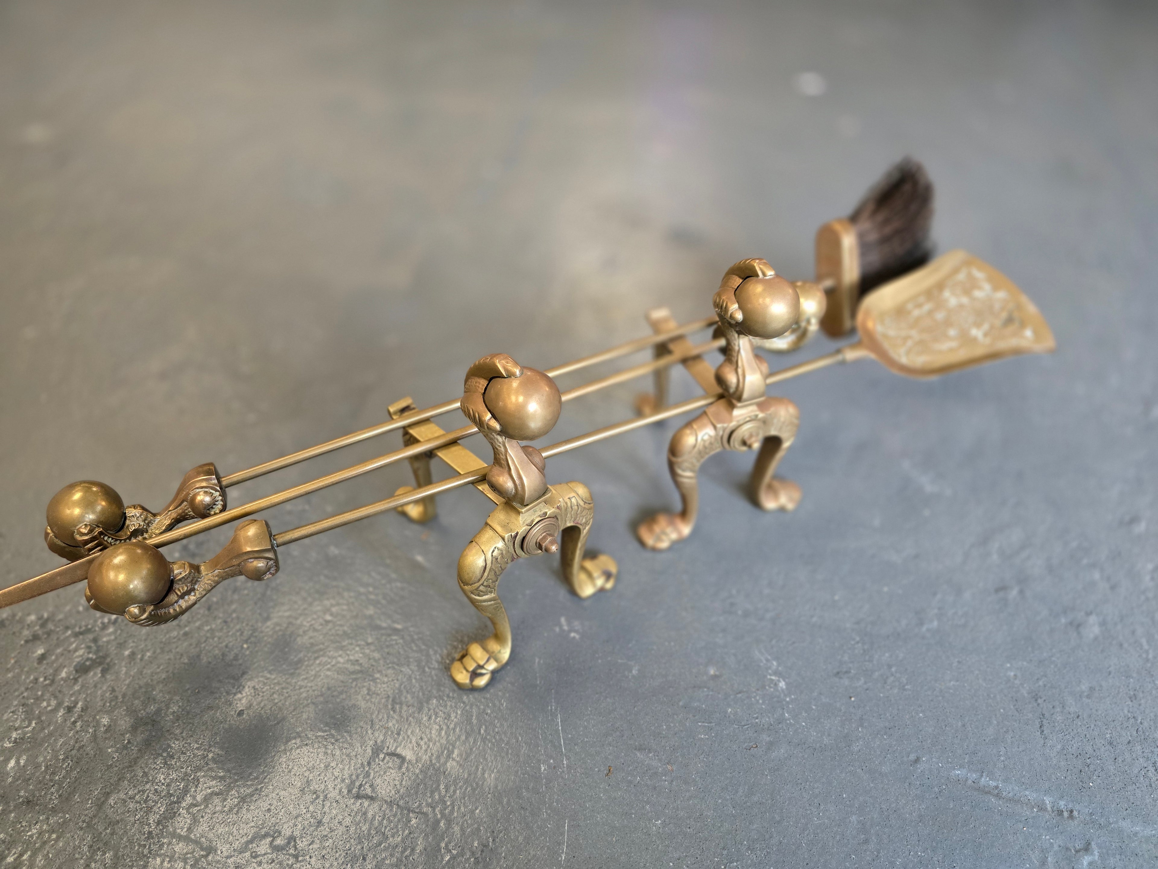 Antique Gothic Style Brass Fireside Set