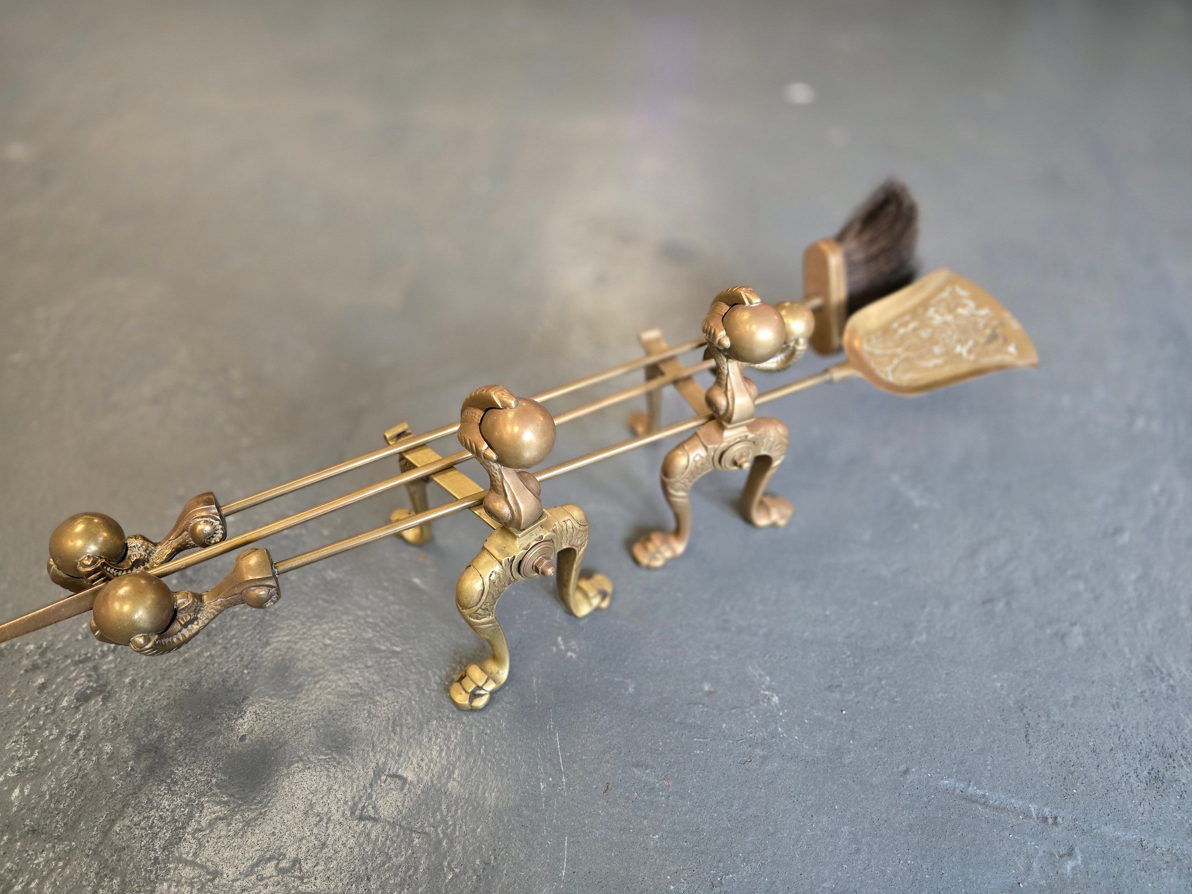 Antique Gothic Style Brass Fireside Set