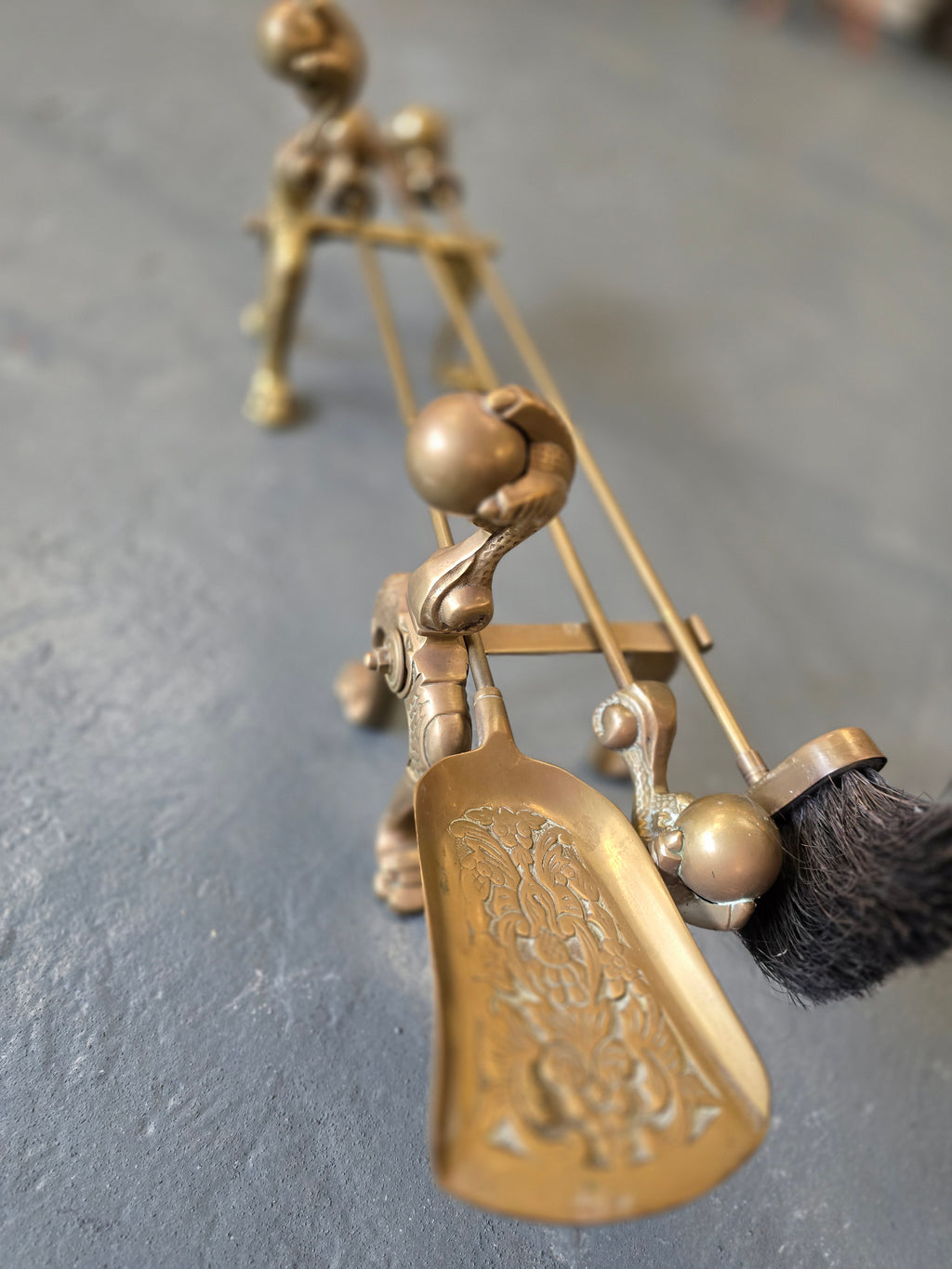 Antique Gothic Style Brass Fireside Set