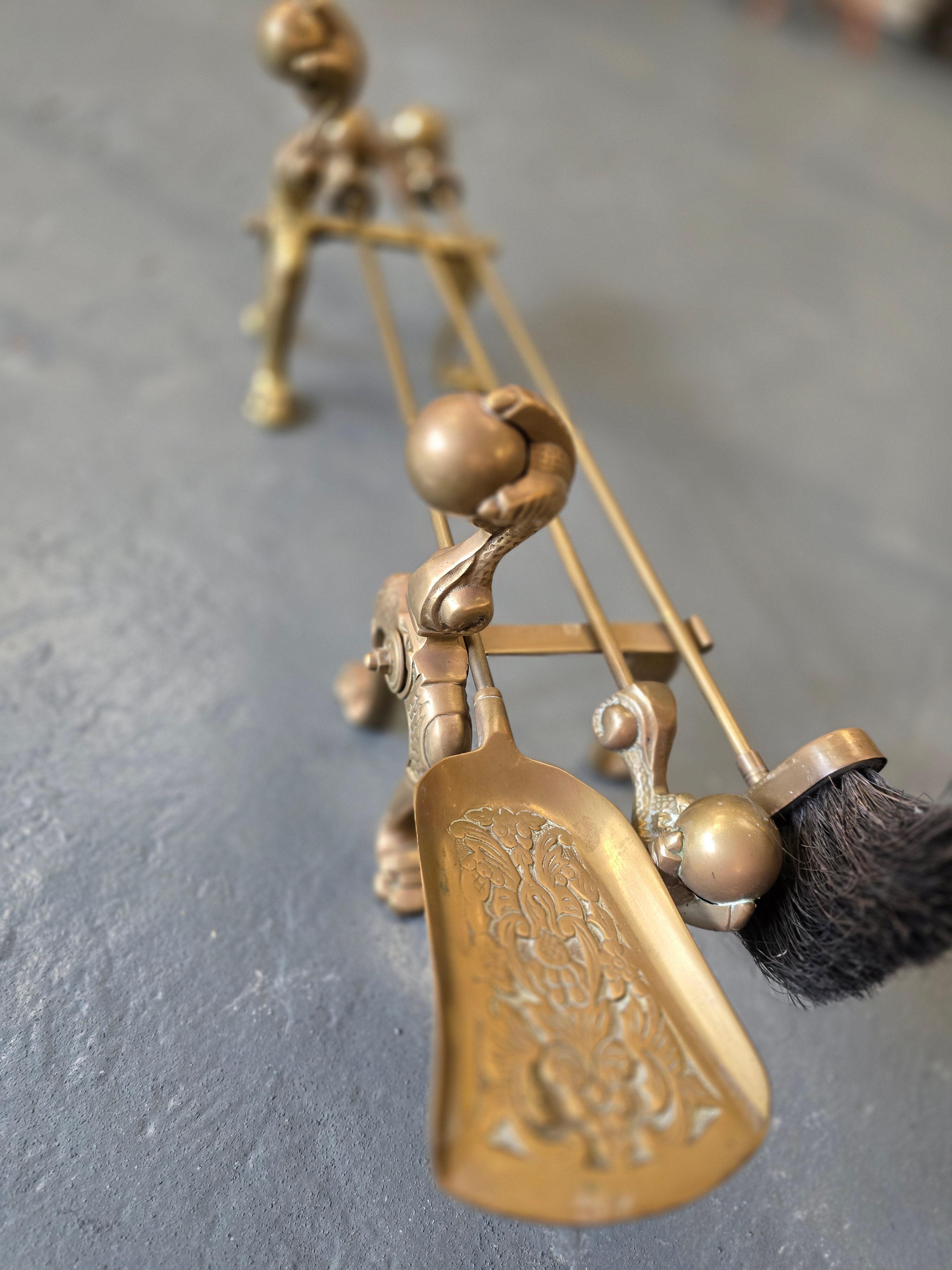 Antique Gothic Style Brass Fireside Set