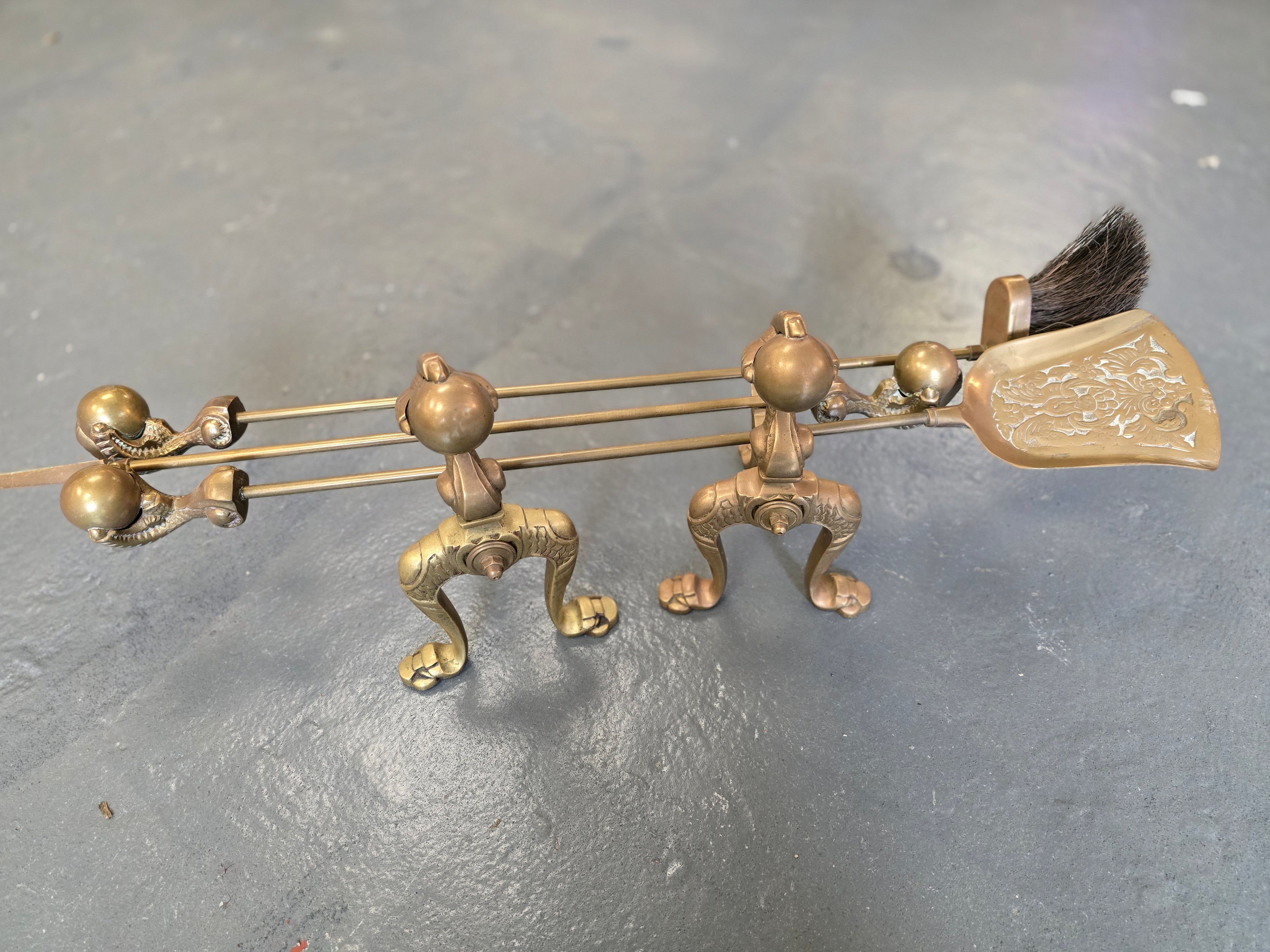 Antique Gothic Style Brass Fireside Set