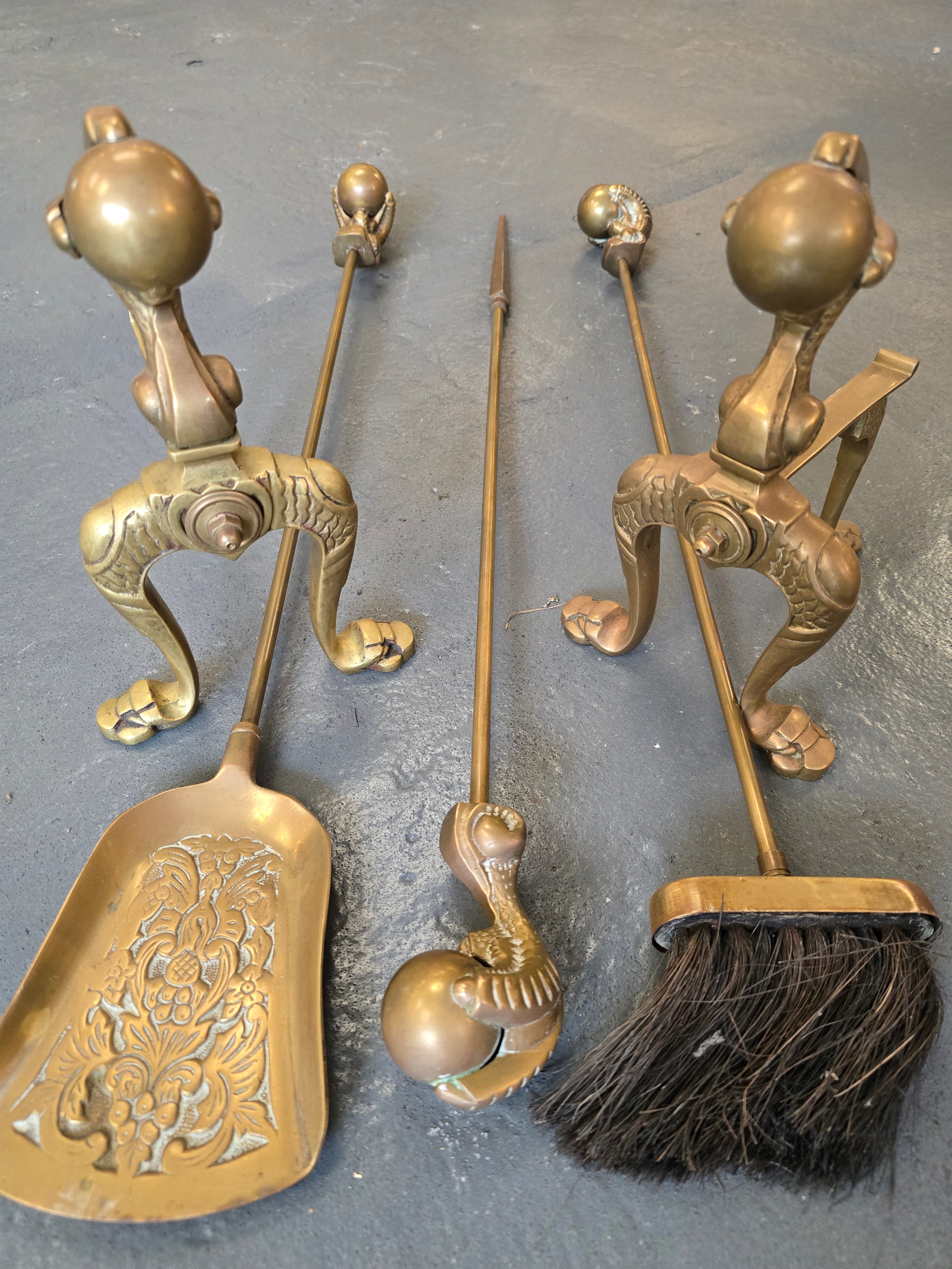 Antique Gothic Style Brass Fireside Set